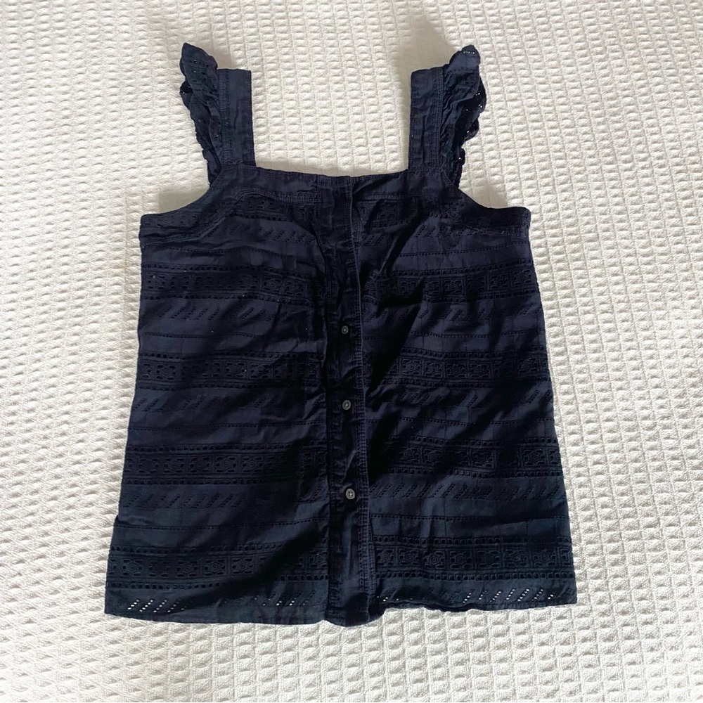 LOFT navy eyelet ruffle sleeve button front tank top size Medium